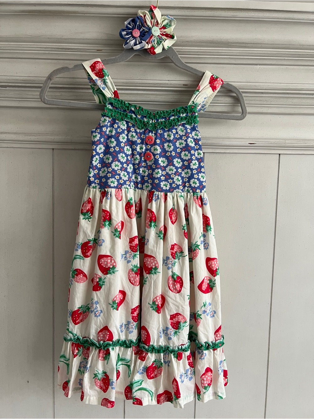 Matilda Jane Blue & Cream Strawberry Print Ruffle Sundress| Matching Hair Bow - Picture 2 of 8